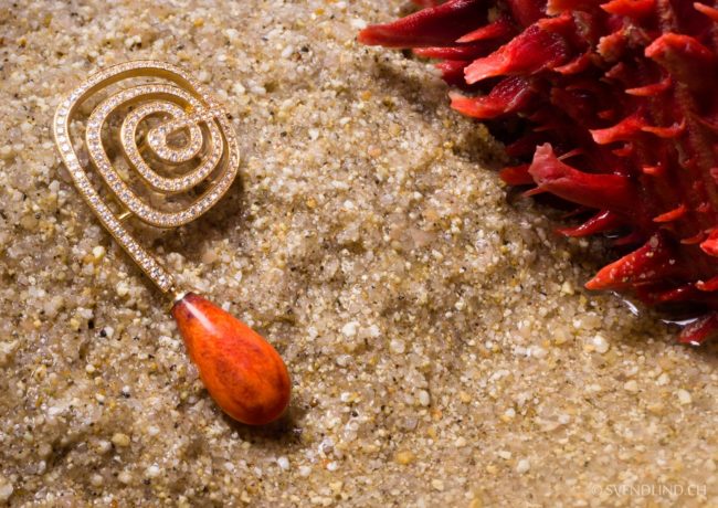 Spondylus oyster shell spiral pendant earrings set with micro-pavé diamonds.