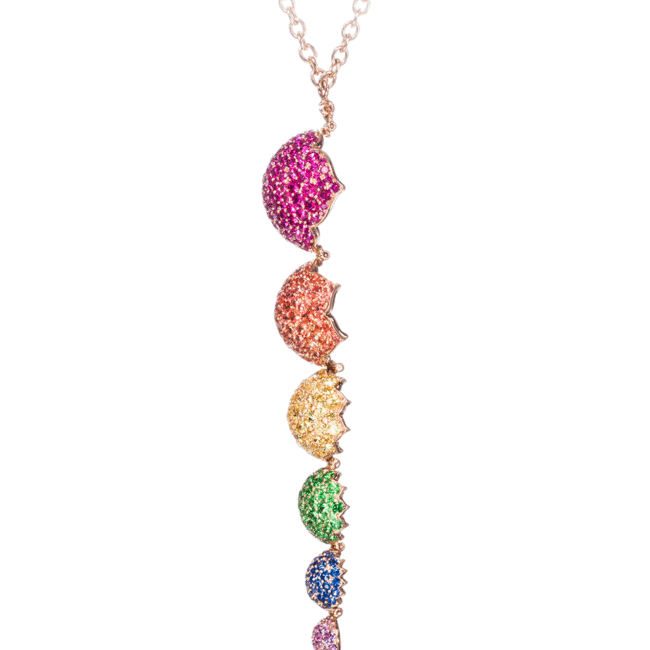 Animation of an articulated multi-colour pendant necklace.