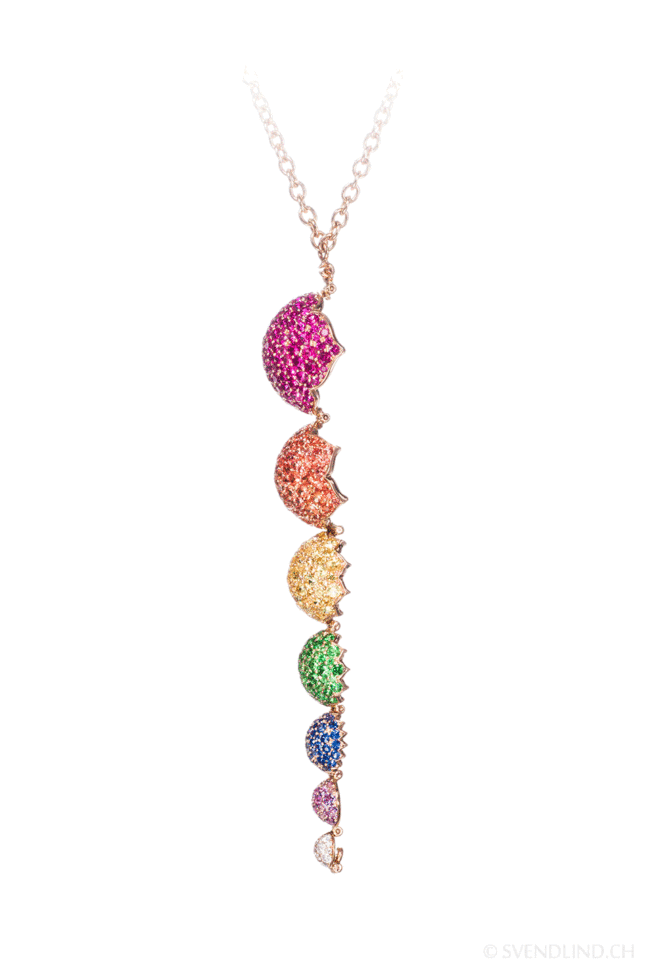 Animation of an articulated multi-colour pendant necklace.